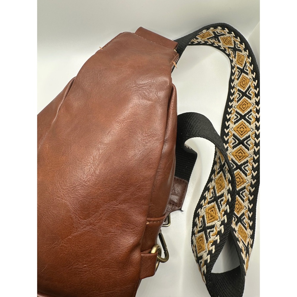 Faux Leather Brown Sling Bag Aztec Strap‎ Crossbody Backpack Purse Women